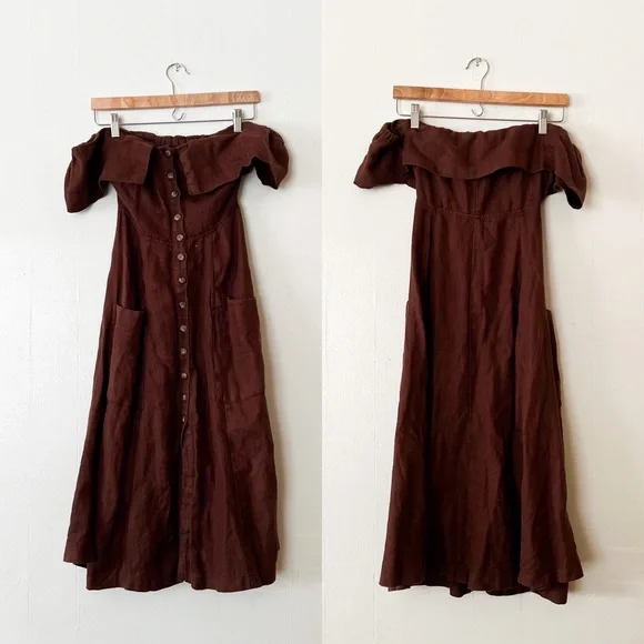 Reformation Marian Linen Dress in Brown Off The Shoulder Celeb Favorite Rare HTF - Picture 3 of 9